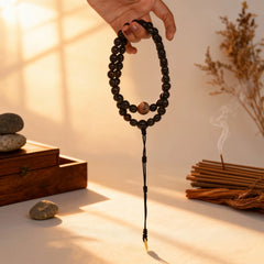 The 54-bead Inner Flame mala gently dangling, a companion for rekindling inner passion and direction during moments of fatigue.