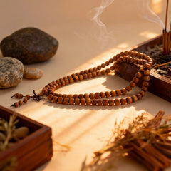 Close-up of aged Indian Old Mountain sandalwood beads, revealing their warm luster and unique grain, each a record of the tree’s life journey.
