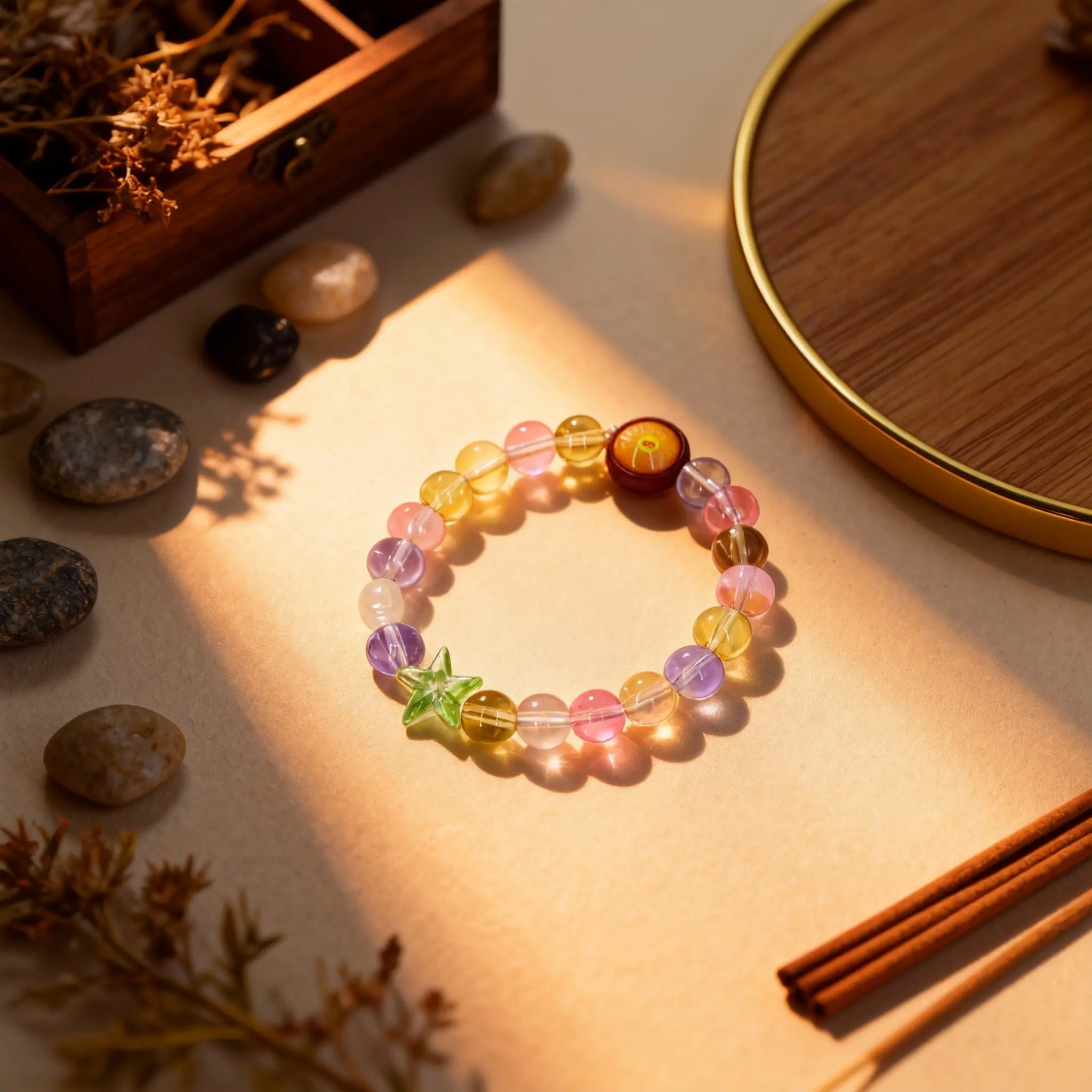 The Pure Crystal bracelet in soft light, its natural crystals radiating a serene glow to foster mindfulness and inner peace.