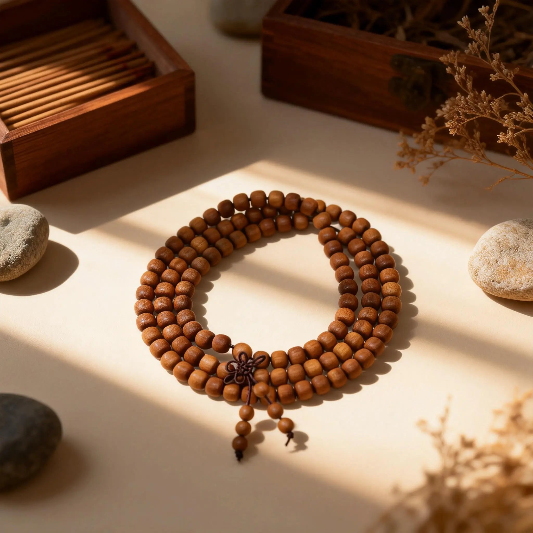 Close-up of the multi-layer bracelet, showcasing the precise square sandalwood beads and their rich, calming wood grain.