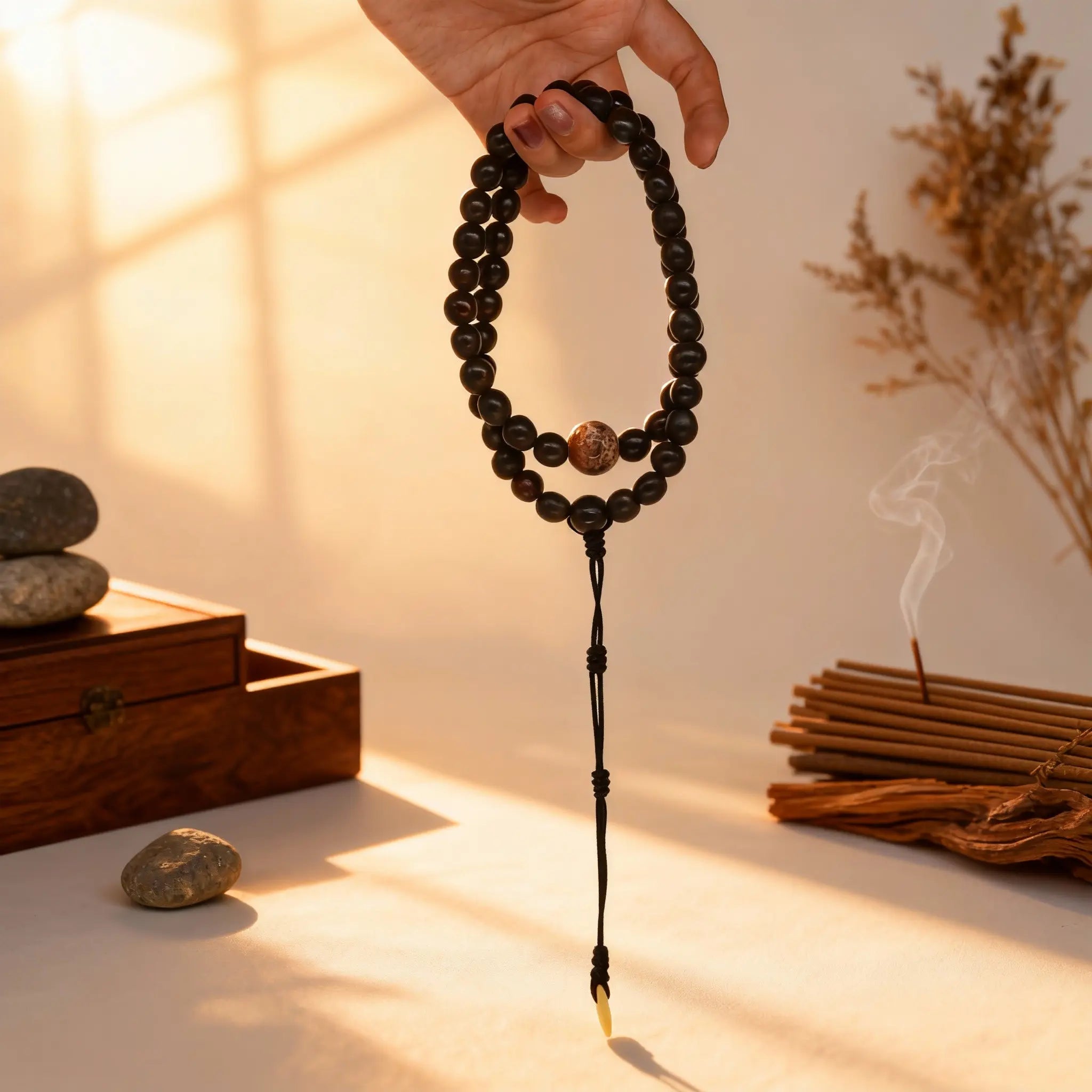 The 54-bead Inner Flame mala gently dangling, a companion for rekindling inner passion and direction during moments of fatigue.