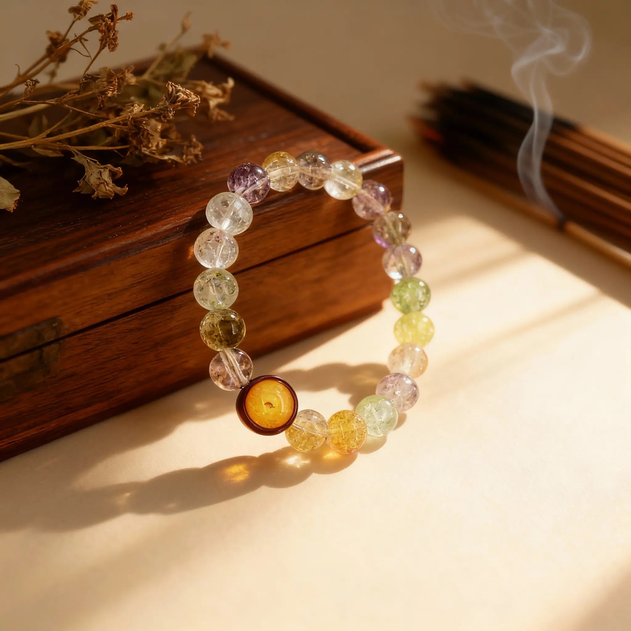 The amber and colored glass bracelet resting against a box, creating a serene still life that embodies its role as a portable sanctuary for tranquility.