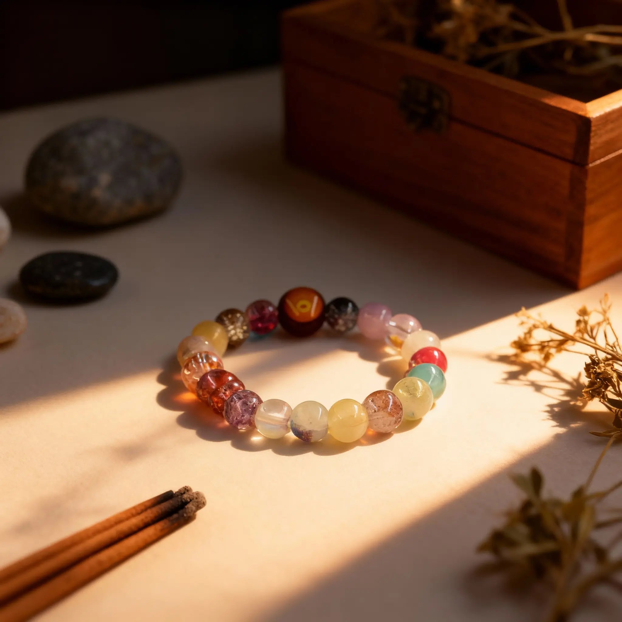 The ‘Auspicious Clouds Flowing’ bracelet with light passing through its multicolored glass beads, creating a dynamic blend of hues and symbolizing energy in motion.
