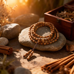 The bamboo-joint sandalwood bracelet on a stone, symbolizing grounded strength and the beauty of growth revealed through time and patience.