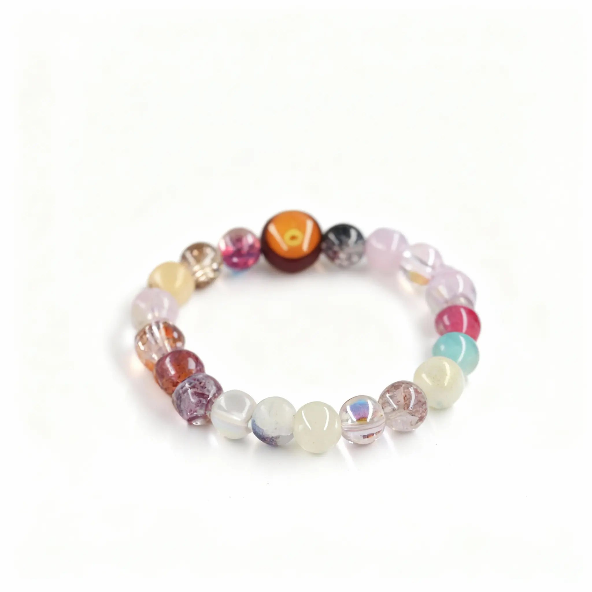 Close-up view of the vibrant, multicolored glass beads on the BodhiPulse bracelet, embodying the ever-changing beauty of the sky and good fortune.

