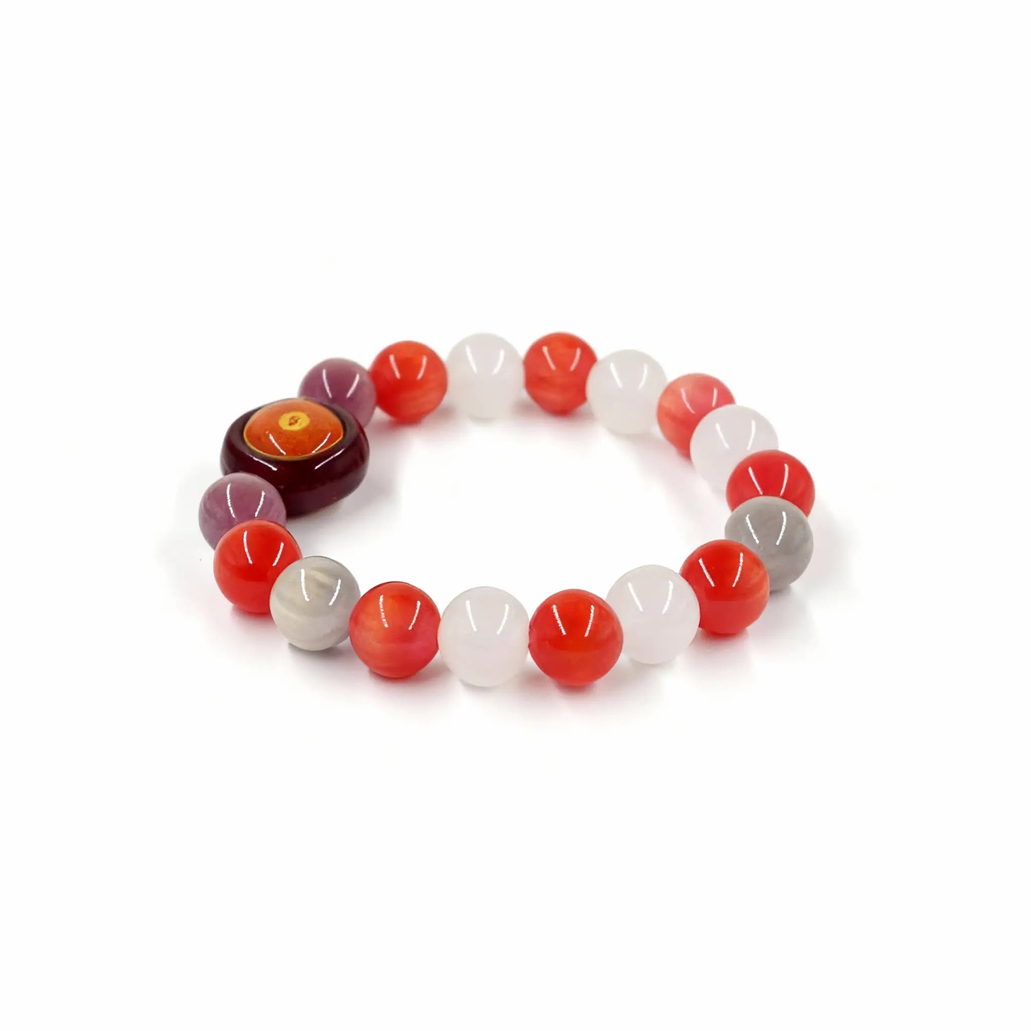 BodhiPulse ‘Coral - Quiet Warmth’ 17-bead red and white rabbit fur crystal bracelet from The Seven Jewels Pure Land Collection, for balance and serenity.