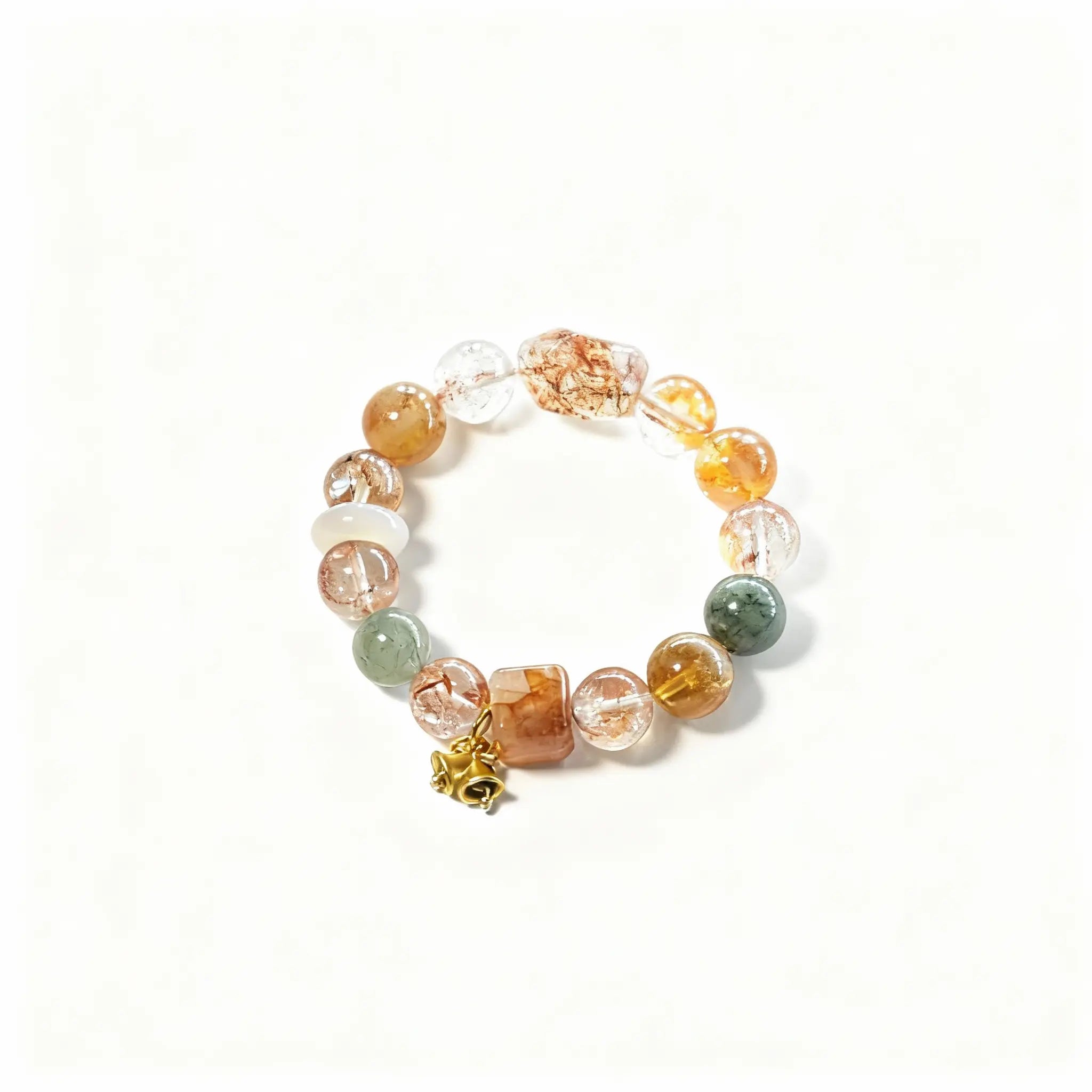 BodhiPulse ‘Flowing Light and Harmonious Rhyme’ 15-bead natural crystal bracelet from The Seven Jewels Pure Land Collection, in orange, red, and green.