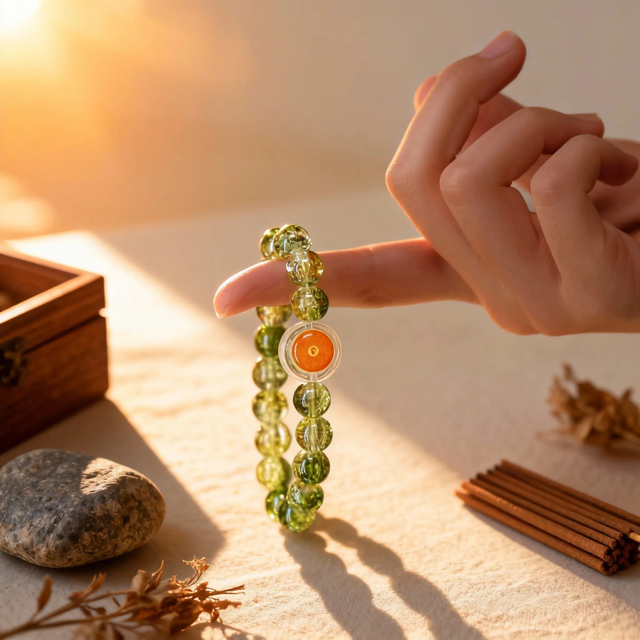 The‘Infinite Clarity’green glass bracelet by BodhiPulse, mimicking serene moss growth, shown dangling to promote grounding and calm.