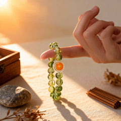The‘Infinite Clarity’green glass bracelet by BodhiPulse, mimicking serene moss growth, shown dangling to promote grounding and calm.