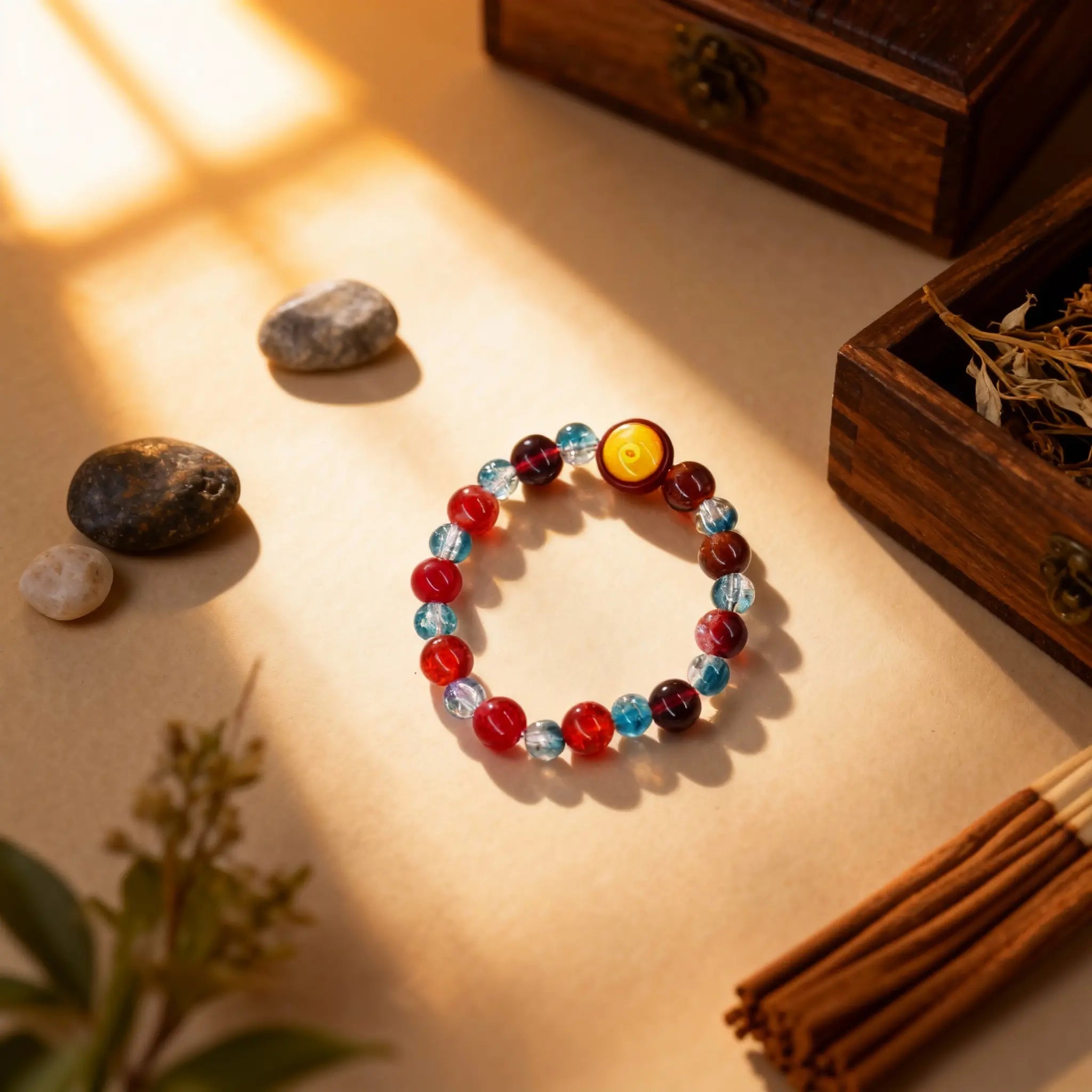 Flat lay of the 20-piece handmade prayer bracelet, featuring coral-red and oceanic blue glass beads by BodhiPulse, a portable sanctuary.