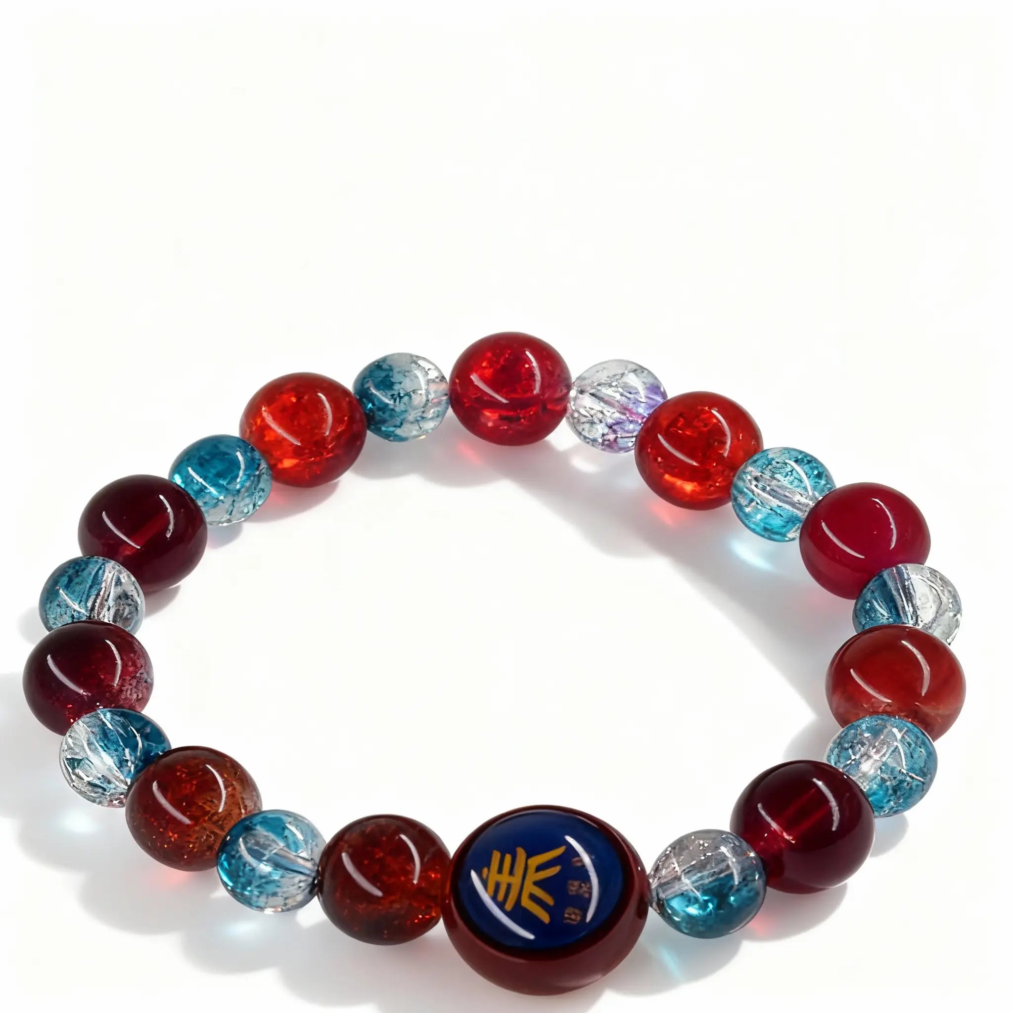 BodhiPulse ‘The Sacred Echo of the Giant Clam’ 20-piece blue-red glass bead bracelet from The Seven Jewels Pure Land Collection, a wearable meditation for ocean rhythm and harmony.