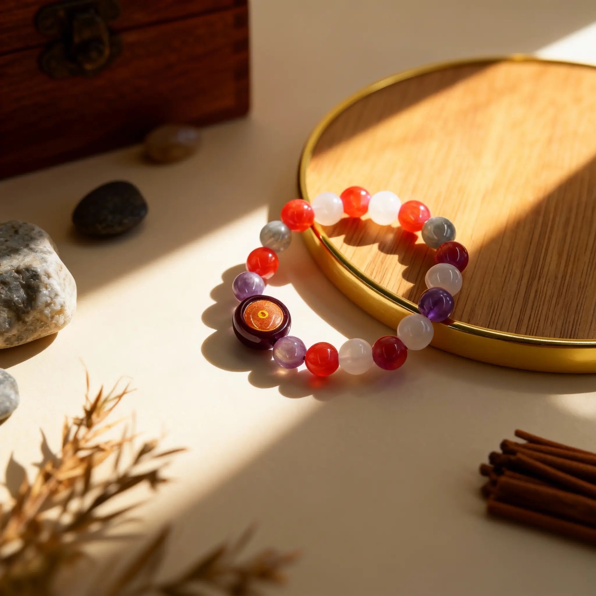 Red and white crystal beads with unique patterns, embodying the perfect balance between coral’s vitality and pearl’s tranquility.