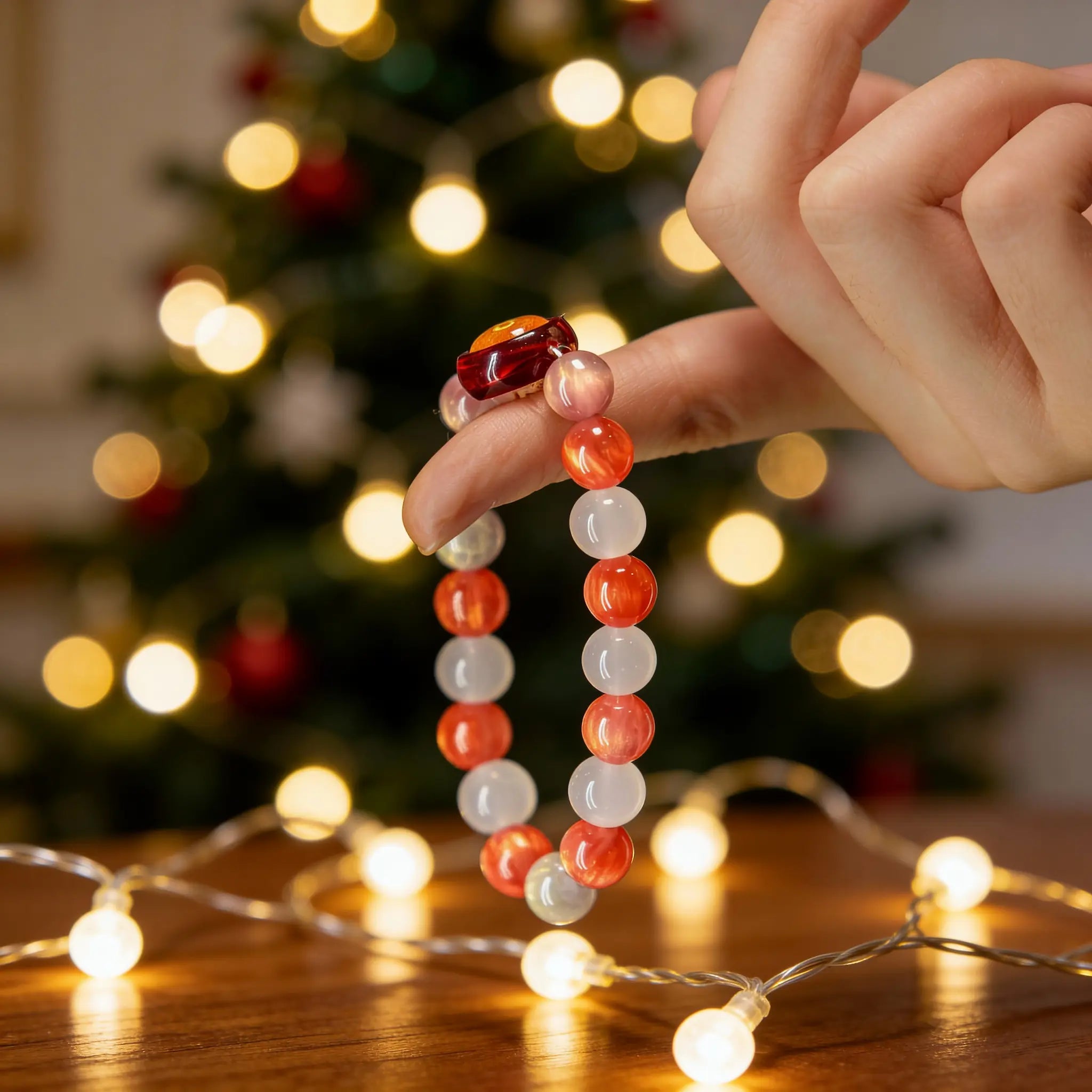 The 17-bead rabbit fur crystal bracelet dangling, its red and white beads catching light to guide towards inner peace and harmony.