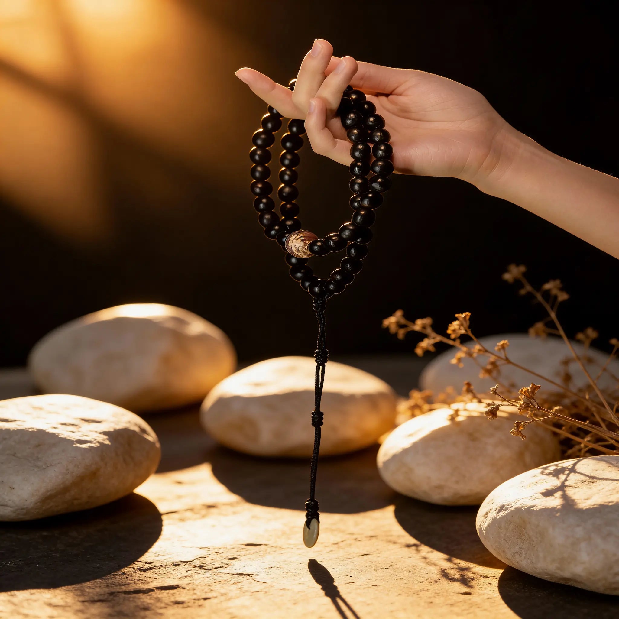 Close-up of the Inner Flame mala held up, showcasing the agate centerpiece amid soapberry beads, representing warmth and steady light.