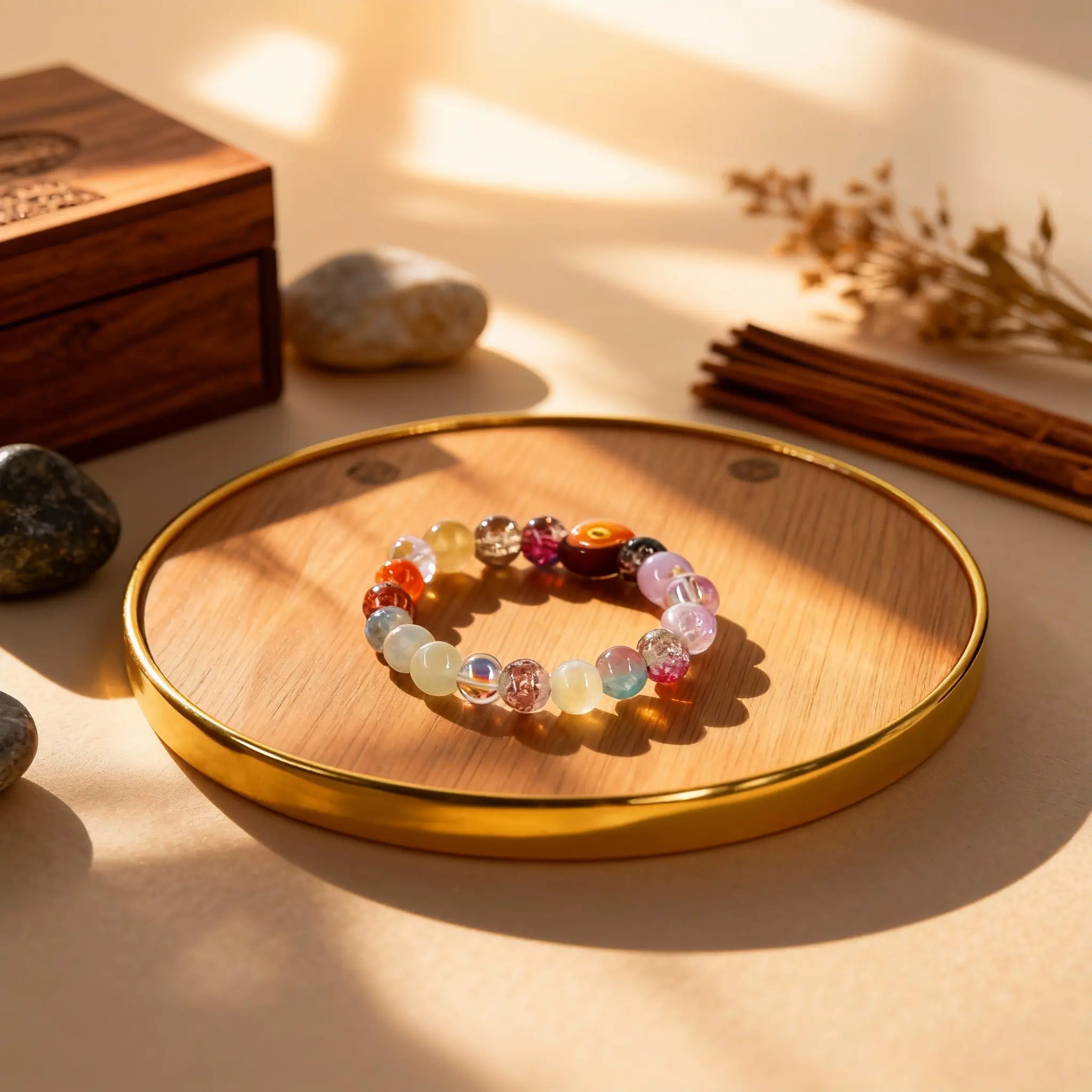 Sky-inspired multicolor glass bracelet by BodhiPulse, illuminated by soft light, representing celestial harmony and fluid beauty for mindful healing.