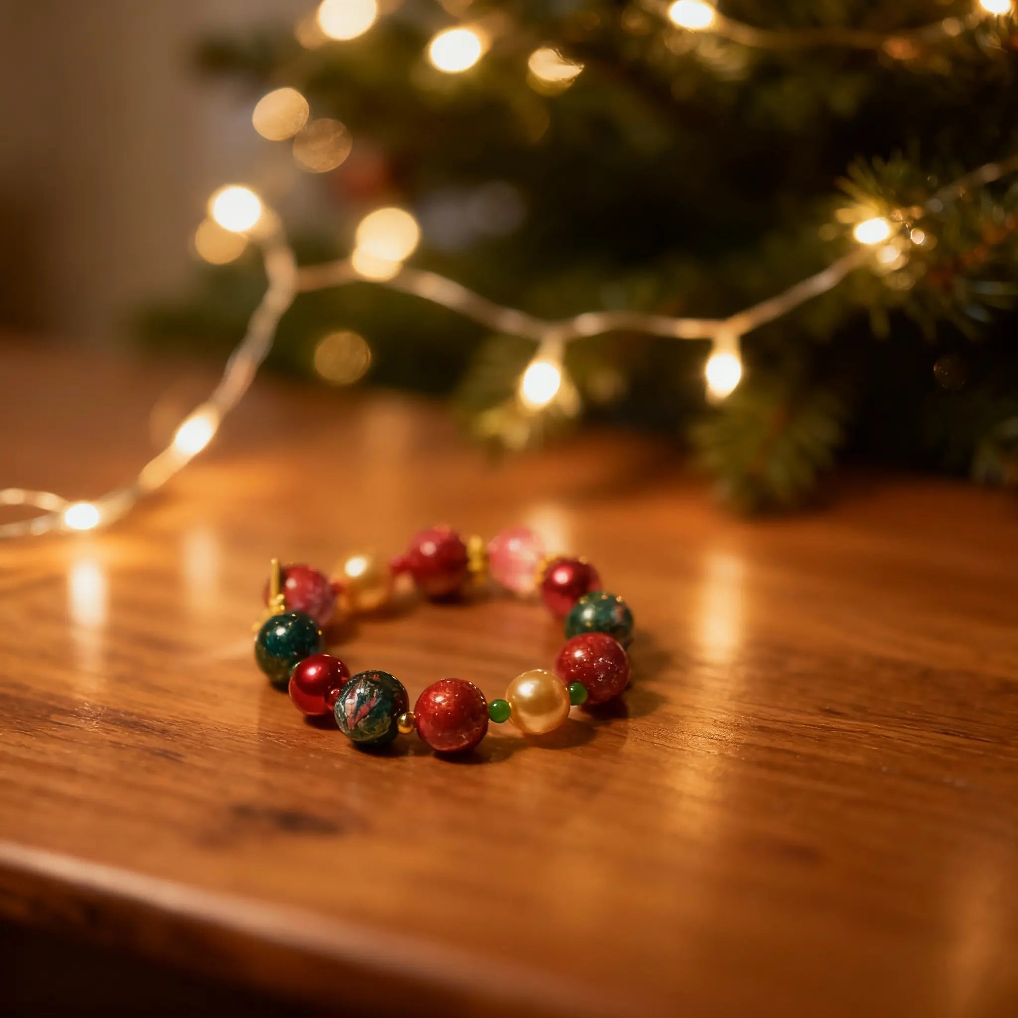The ‘Heaven Harmony’ bracelet on dark wood, its golden pearls and red & green glass beads with gold foil symbolizing spiritual balance and peace.