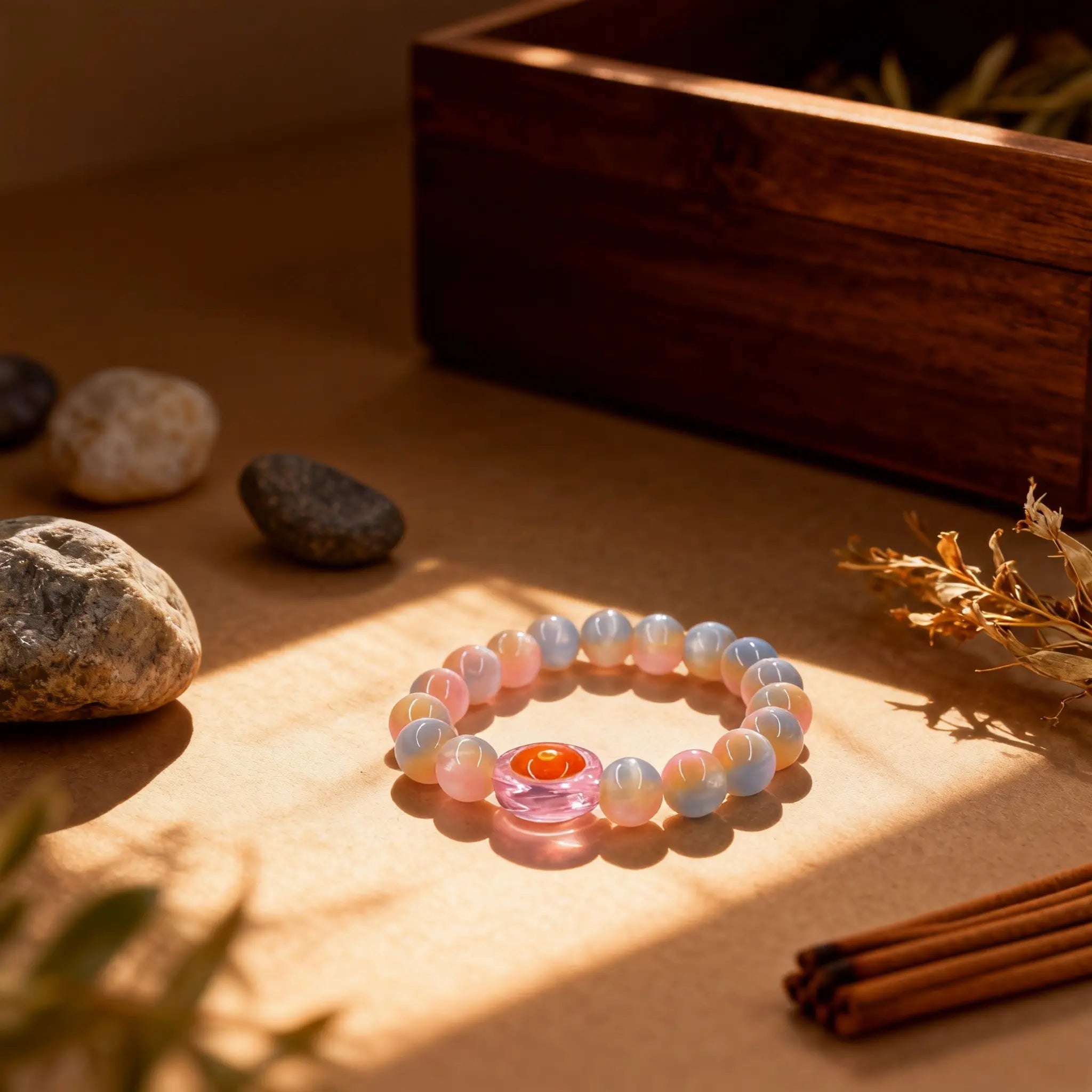 The ‘Heavenly Wisdom’ bracelet on a table, light illuminating its golden gradient colors and intricate flowing patterns in the rabbit hair crystal.