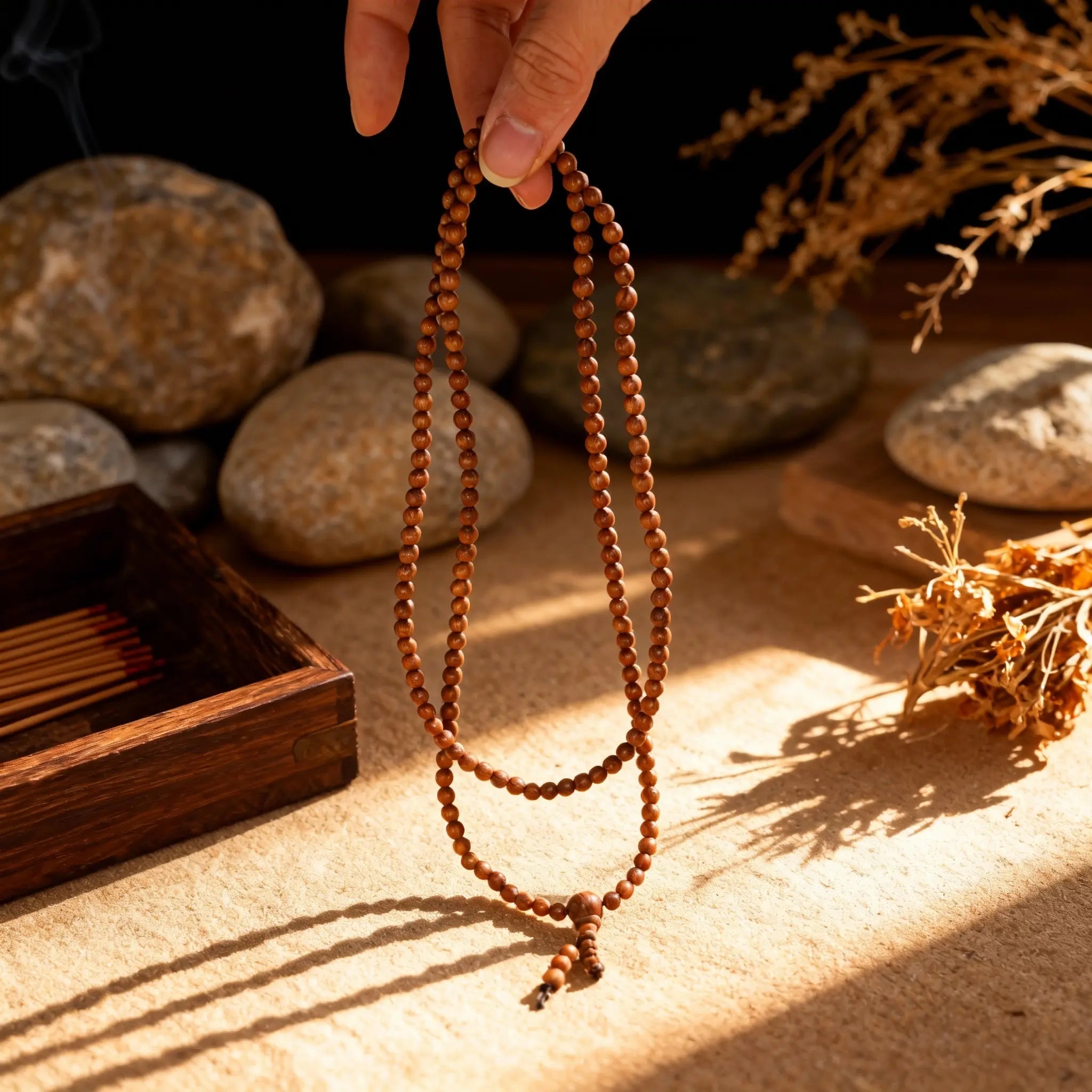 Holding the multi-loop sandalwood mala, allowing it to dangle and showcase its interconnected loops, a symbol of life’s repeating and expanding cycles.