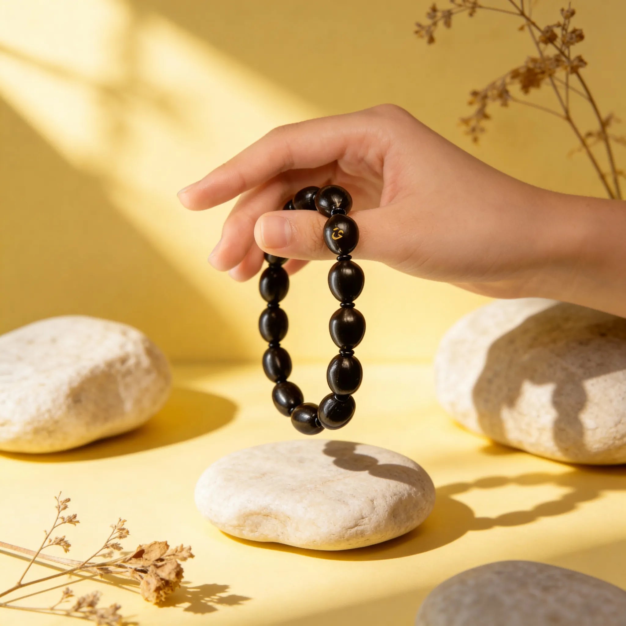 Handmade 12-bead ancient lotus seed bracelet (mala) shown dangling, made from natural materials for spiritual practice