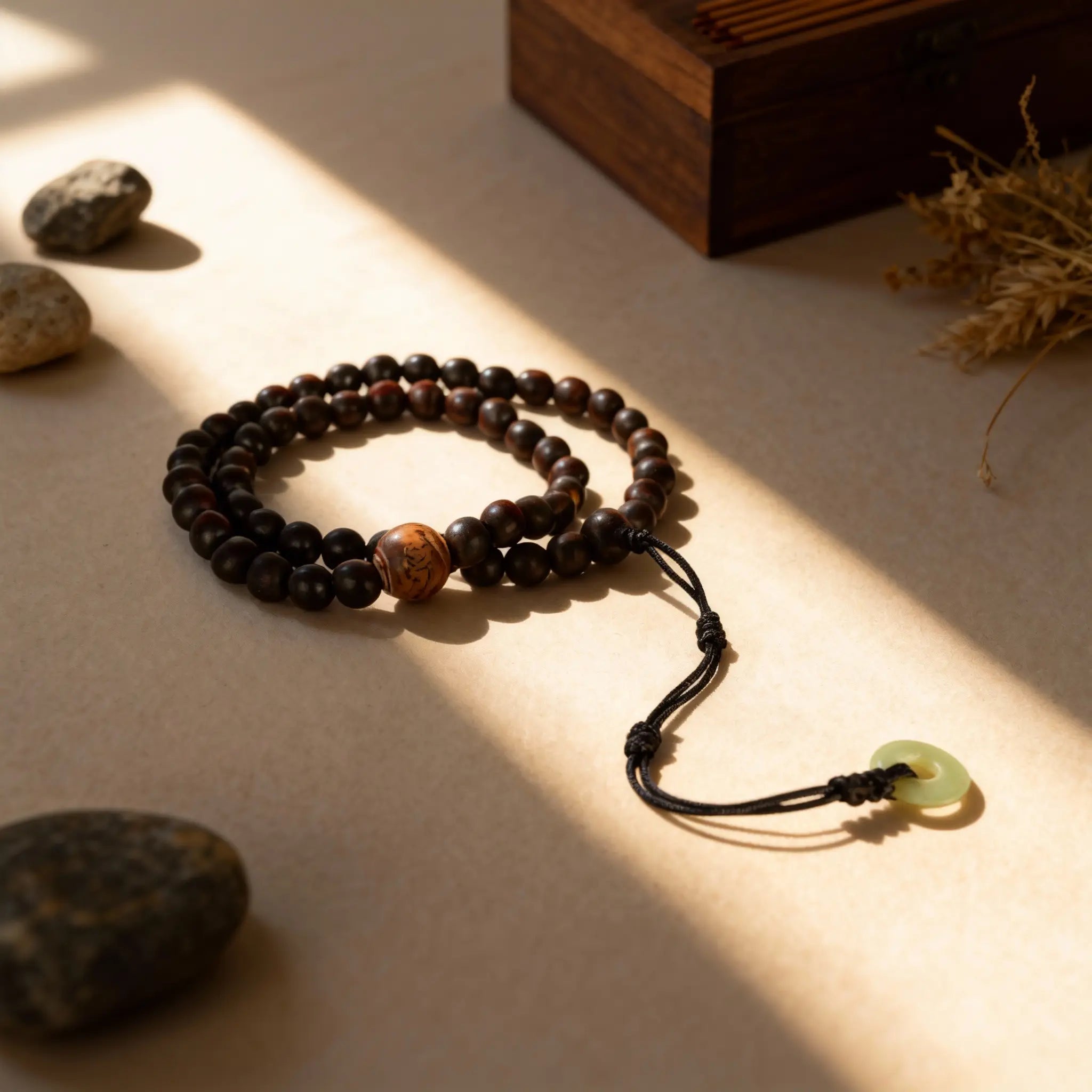 The 54-bead Inner Flame mala gently dangling, a companion for rekindling inner passion and direction during moments of fatigue.
