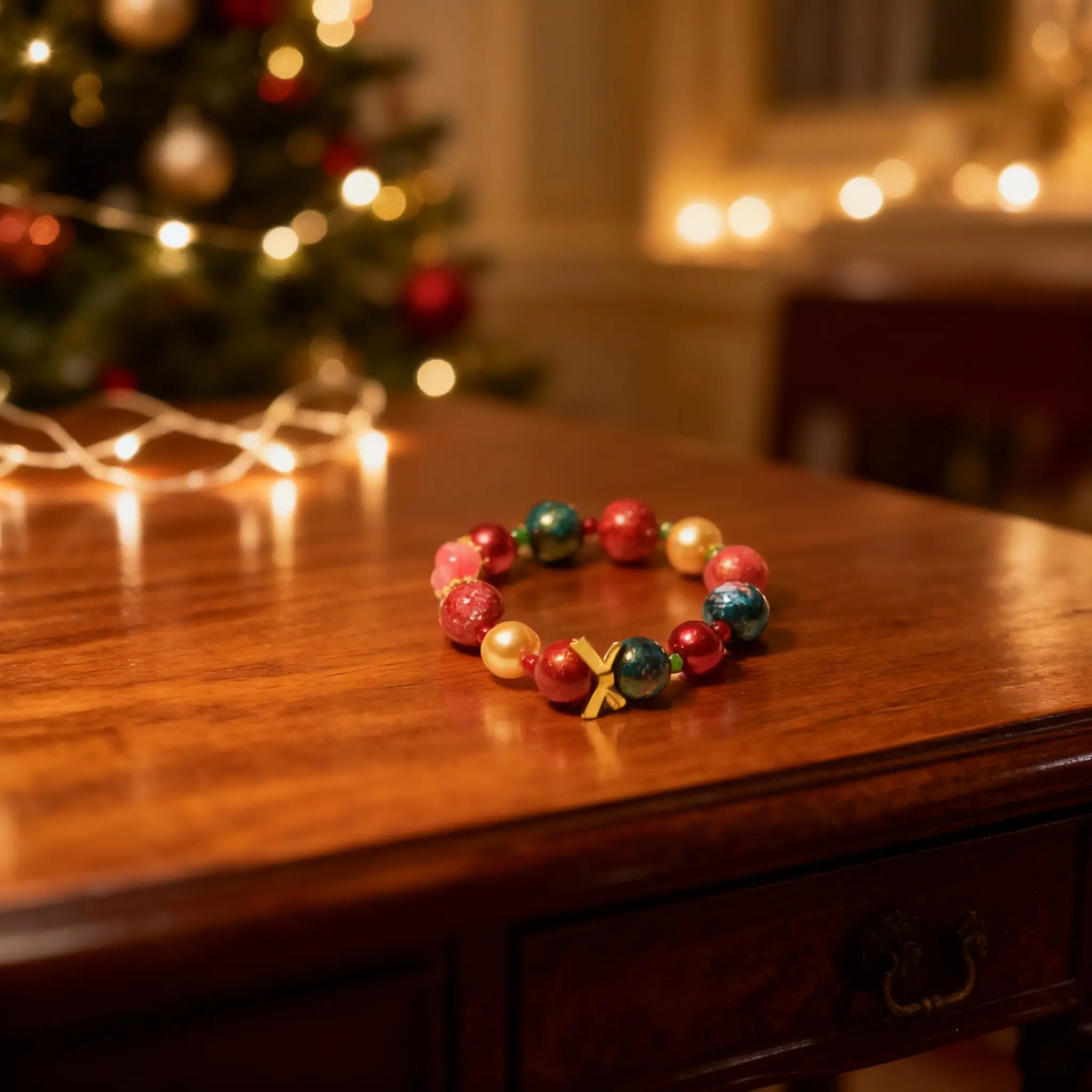 A handmade BodhiPulse bracelet with golden pearls and festive red & green beads, a meaningful Christmas gift for mindfulness and blessings.
