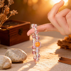 The‘Crisp and Silent’pink glass bracelet gently dangling, showcasing its length and the serene harmony of its beads.