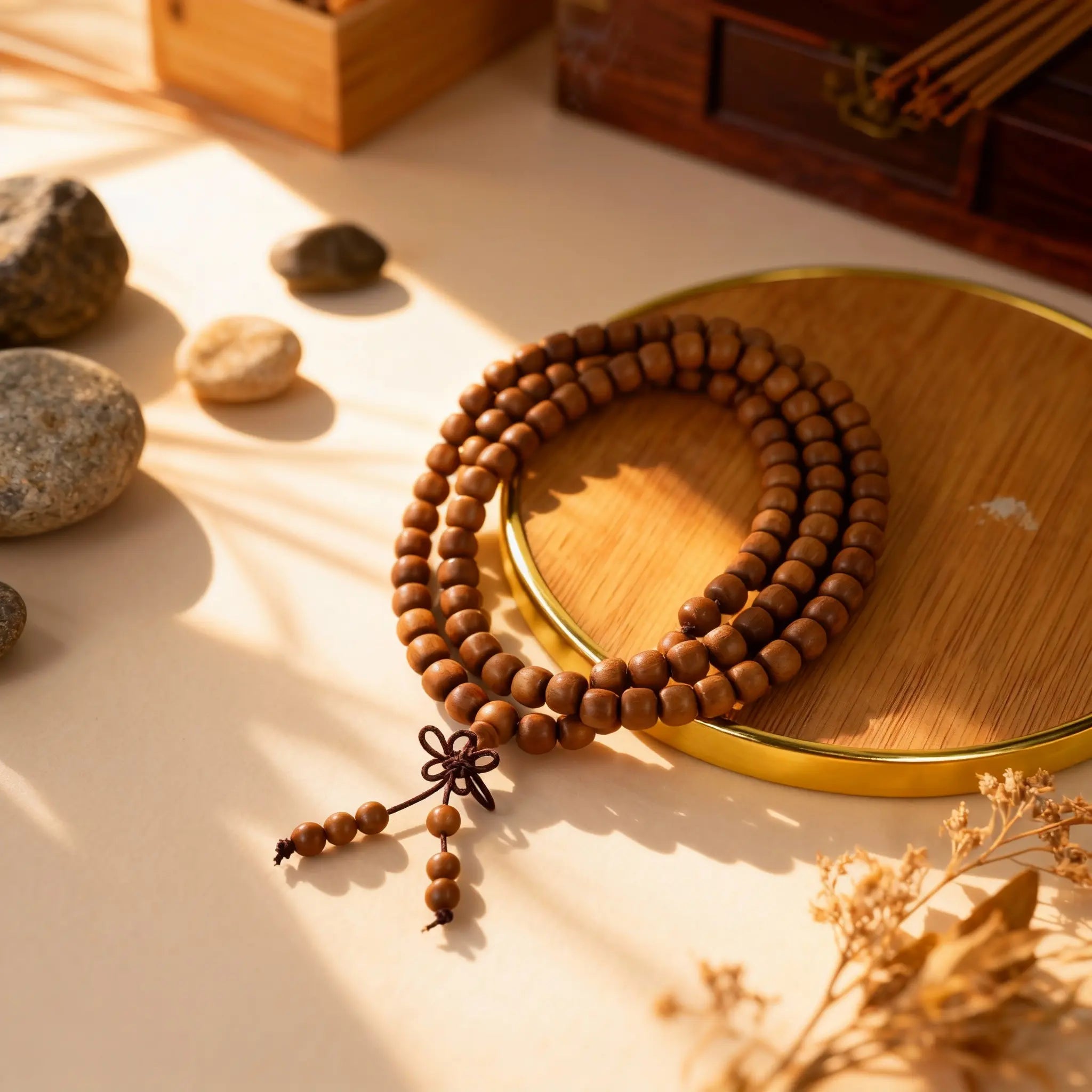 The 108-bead sandalwood bracelet arranged in its layers, embodying a steady boundary and a return to inner peace.