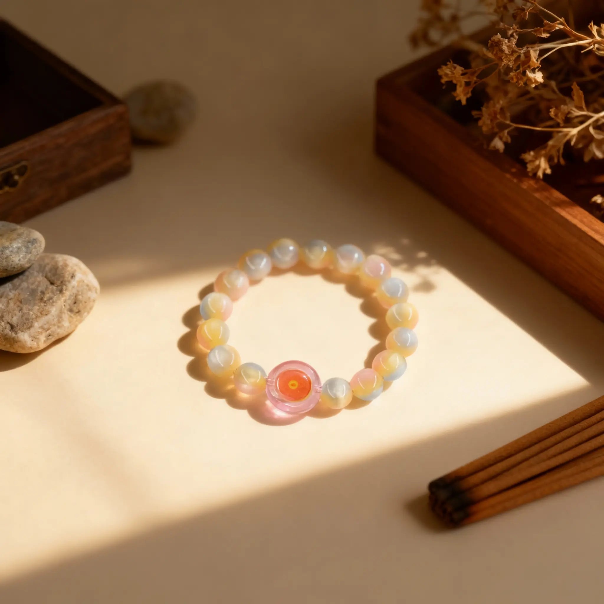 The gradient crystal bracelet arranged peacefully, a radiant reminder of inner wisdom and mindful presence from BodhiPulse.