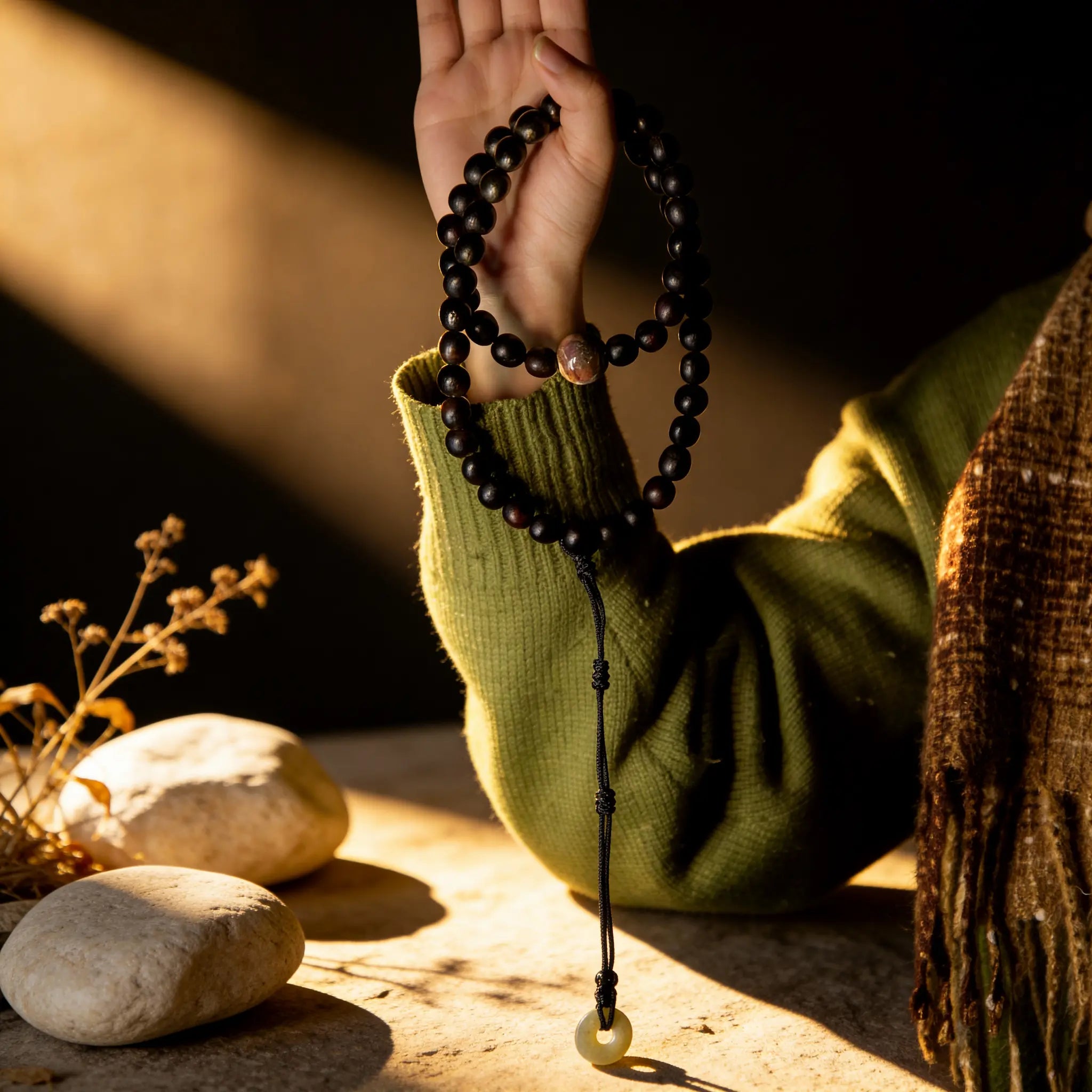 Holding the BodhiPulse Inner Flame mala between thumb and finger in a mindful counting gesture, for meditation and reconnecting with inner strength.