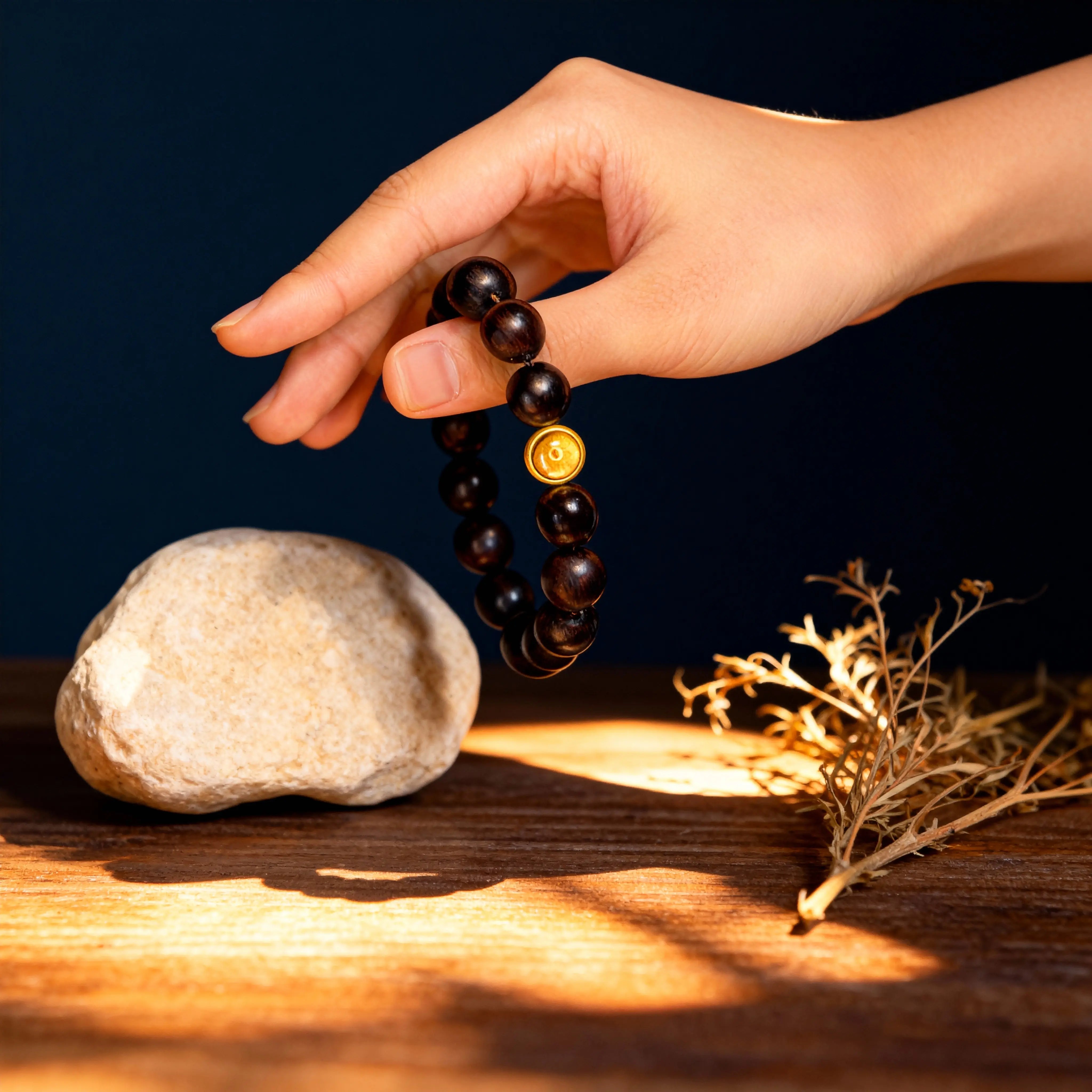 Holding the Original Intention soapberry bracelet, a tactile companion from BodhiPulse that helps dissolve mental clutter and return to inner stillness.