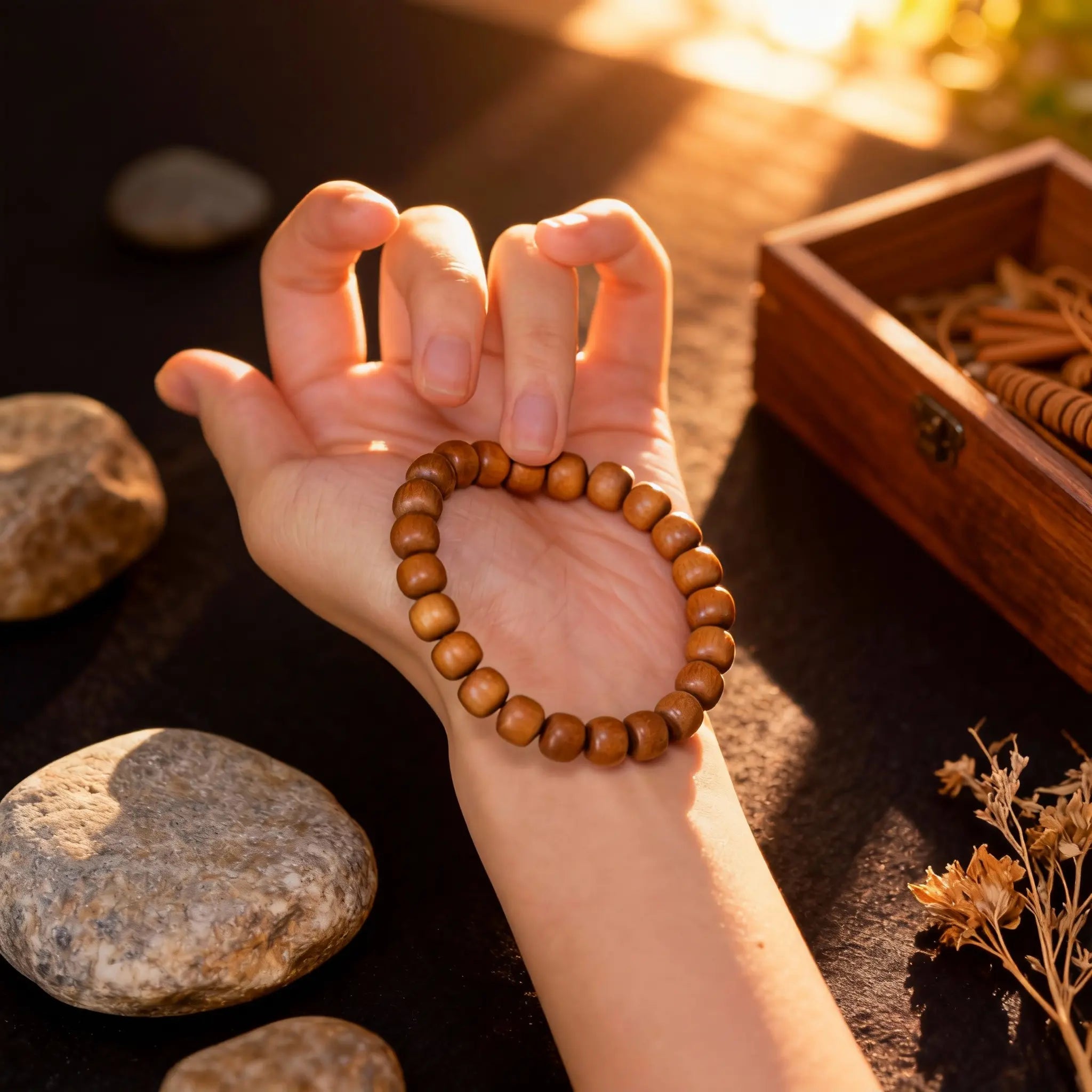 Holding the warm sandalwood bracelet in hand, feeling its silky texture—a BodhiPulse tool for inner connection and settled strength.