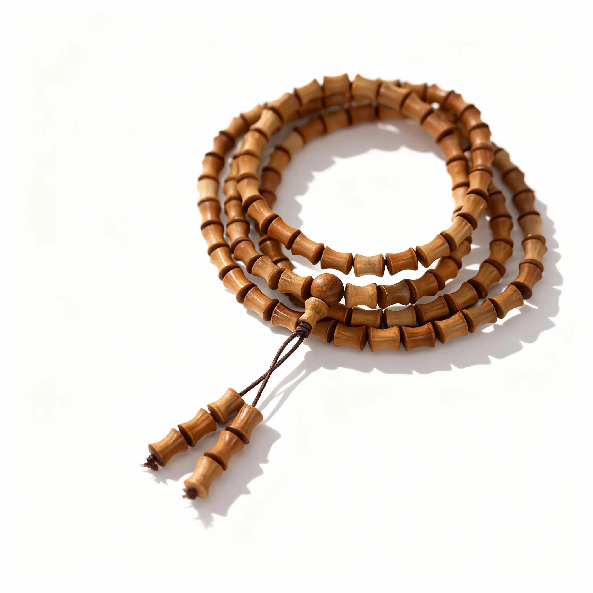 Close-up detail of the hand-carved bamboo-node texture on Indian Old Mountain sandalwood beads, showcasing its rhythmic rise and fall.