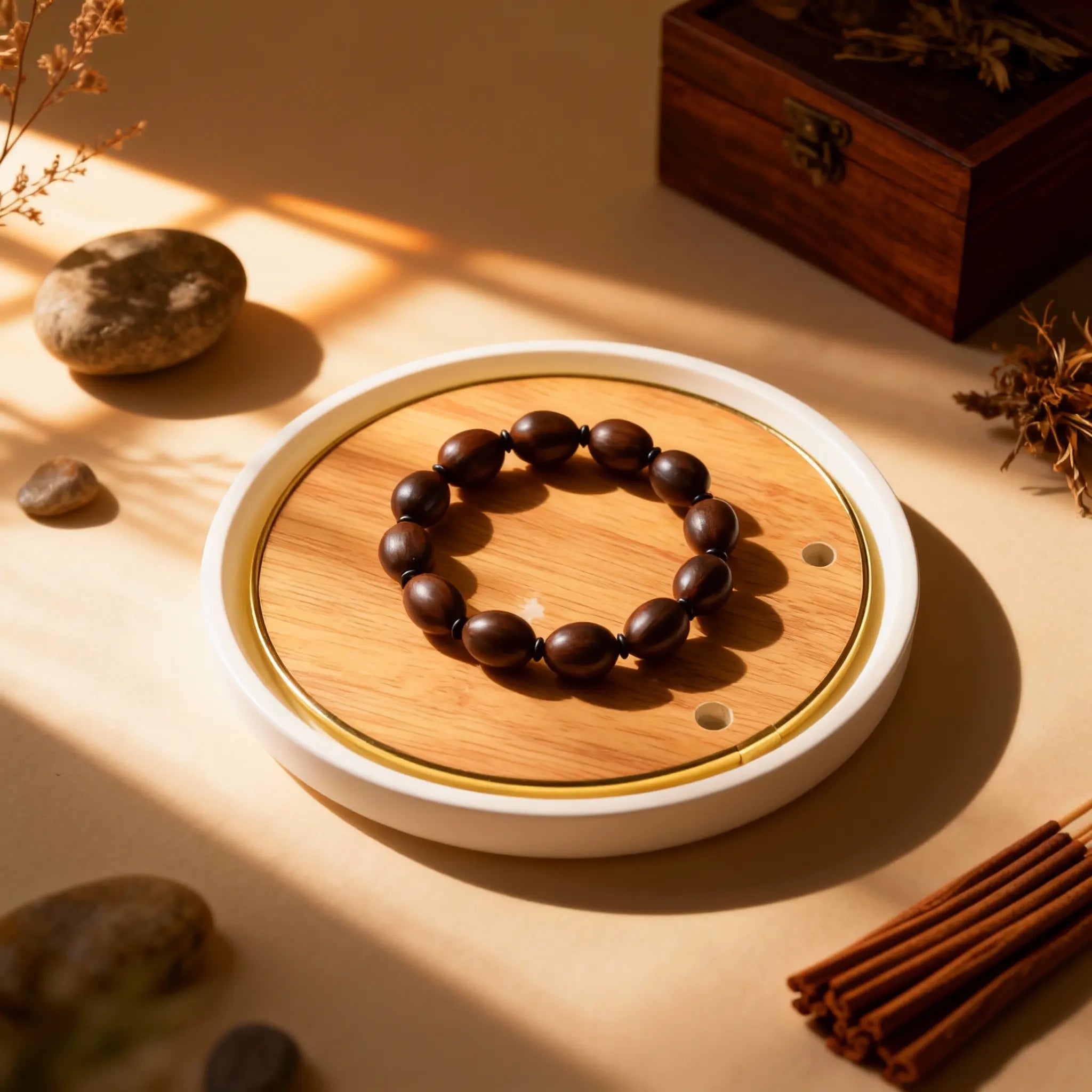 Natural wooden mala with ancient lotus seeds placed on a wooden table, promoting grounding energy