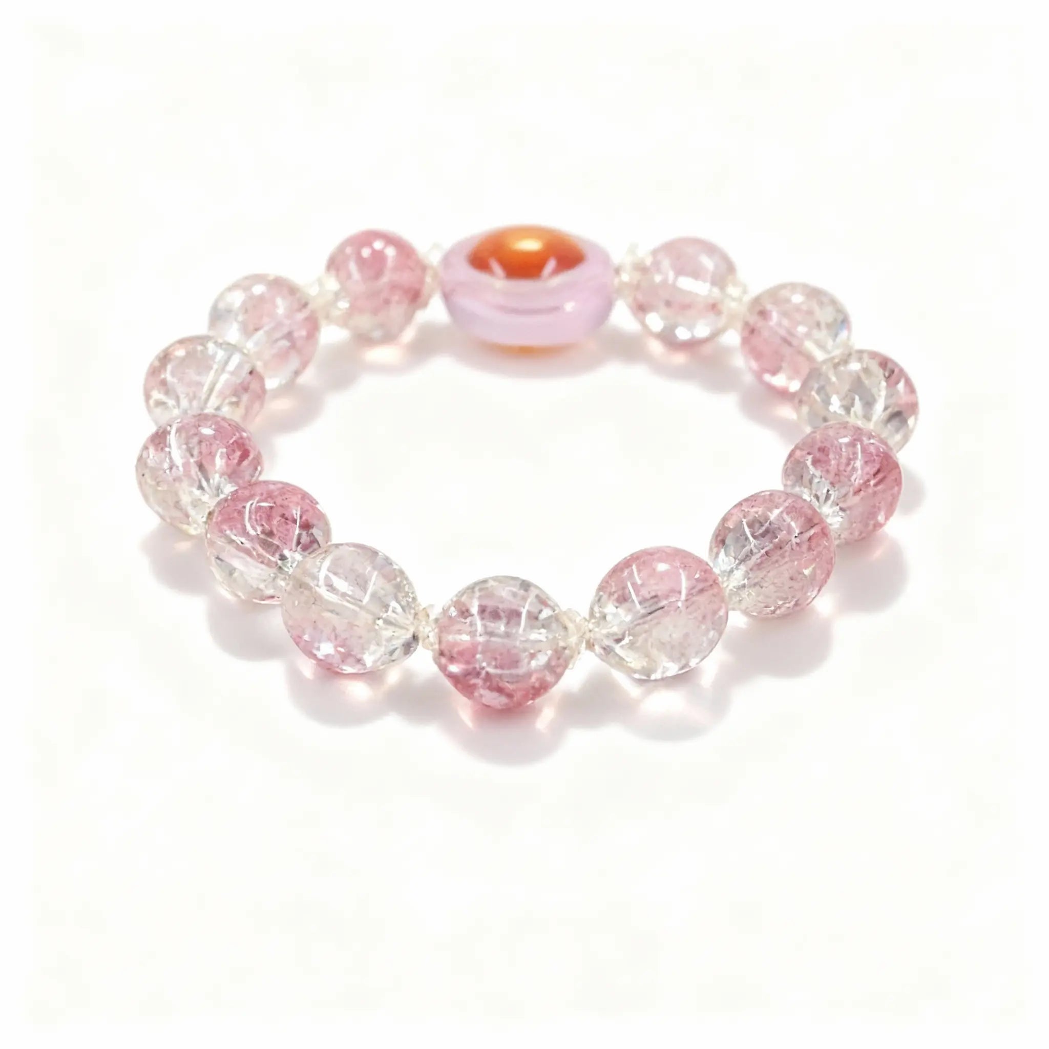 Crisp and Silent Pink Crystal Glass Bracelet with 13 beads and silver spacers, for meditation and healing temple energy.