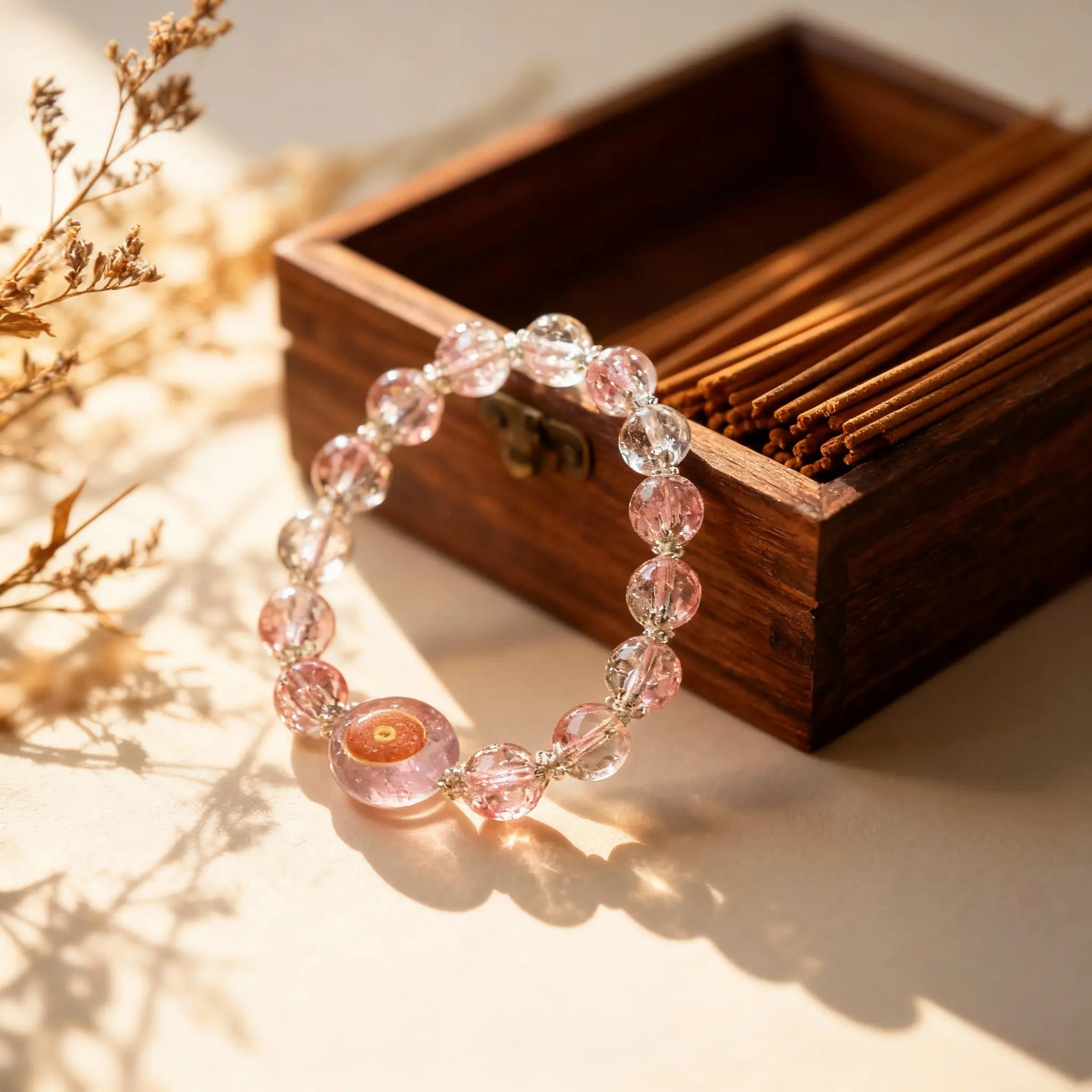 Pink crystal glass bracelet resting against a box, embodying stillness and balance for a peaceful, centered presence.