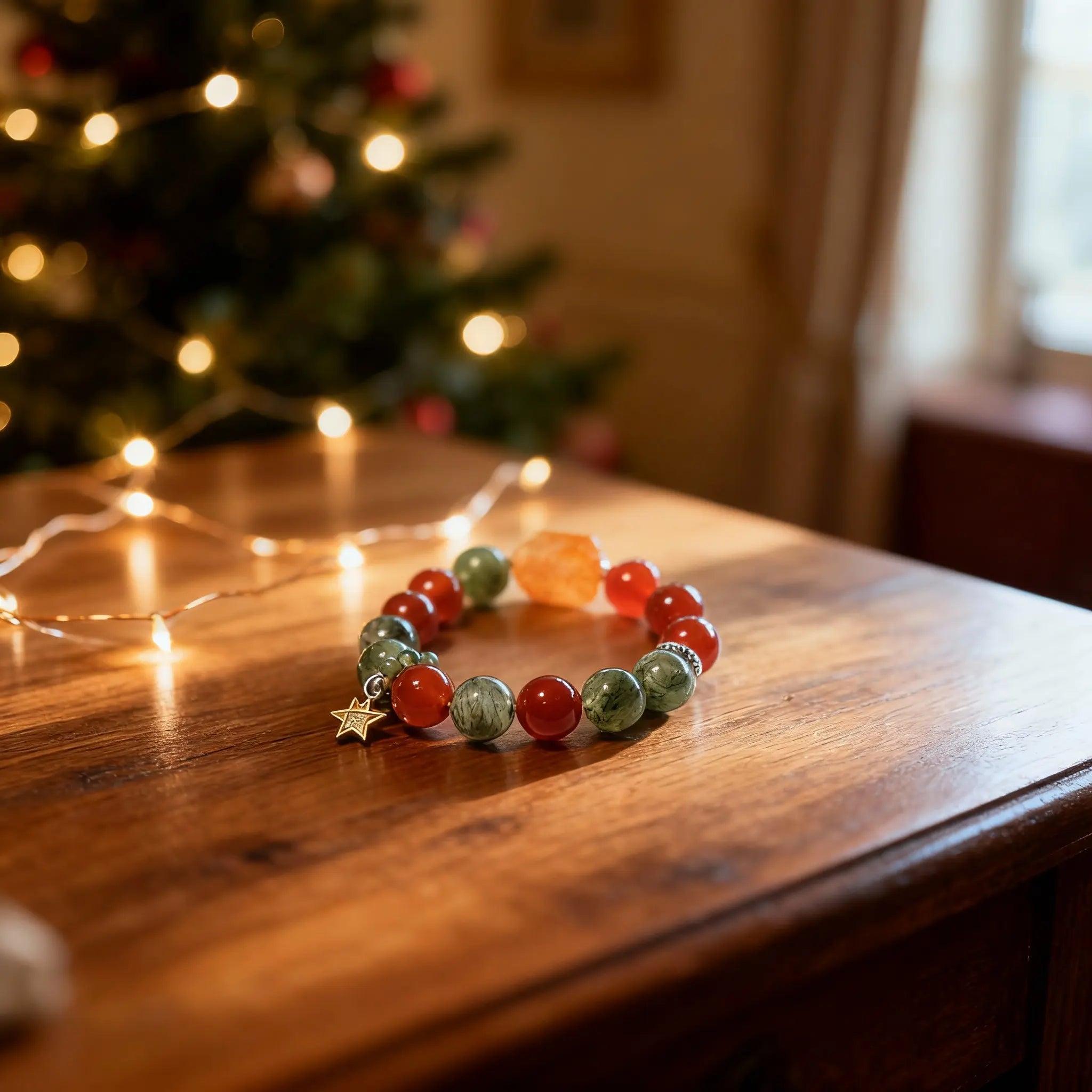 A festive red and green BodhiPulse bracelet on wood, a meaningful Christmas gift for grounding, courage, and renewal.