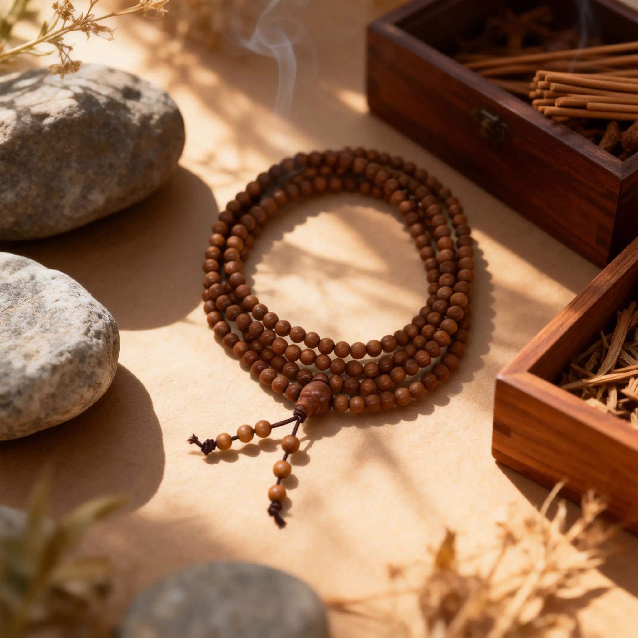 The multi-loop sandalwood mala in soft light, its overlapping circles creating shadows and light, symbolizing the spiral of growth and return.