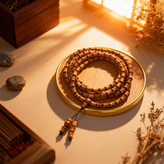 The ‘Rhythm of Bamboo’ bracelet resting in a wooden bowl, its sandalwood and carved form embodying natural warmth and quiet philosophy.