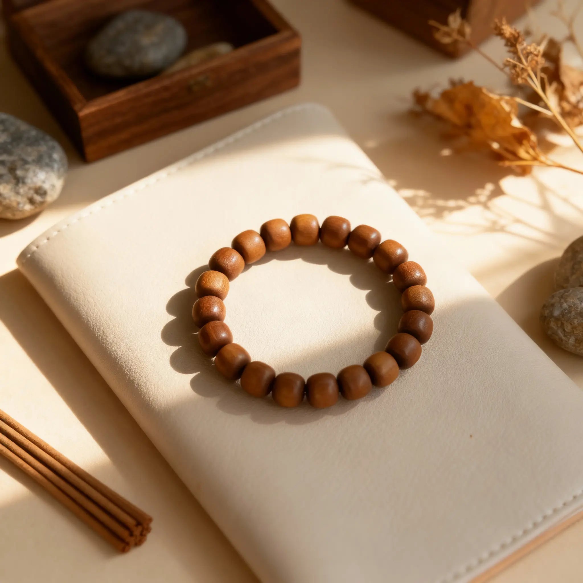 Close-up of the ‘Time Condensed’ sandalwood bracelet on a table, showcasing its rich wood grain and developing jade-like luster.