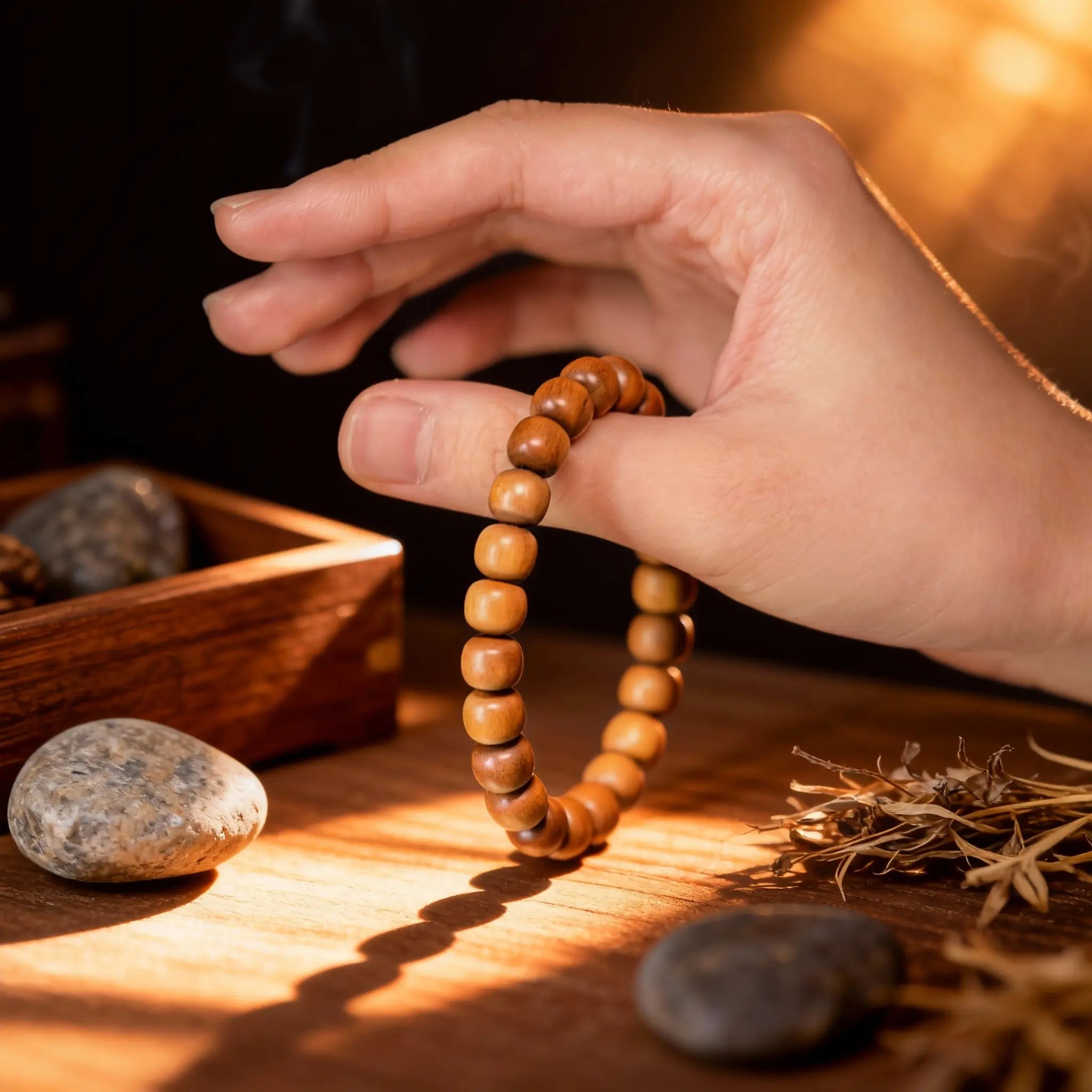 The single-strand sandalwood bracelet held to show how it wraps the wrist, a quiet companion for daily breath and personal growth.