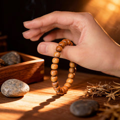 The single-strand sandalwood bracelet held to show how it wraps the wrist, a quiet companion for daily breath and personal growth.