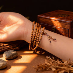 Wearing the ‘Overlapping Universes’ multi-loop sandalwood mala on the wrist, a grounded and expansive companion for daily practice and reflection.