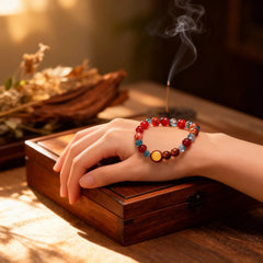 The ‘Sacred Echo’ blue-red glass bracelet resting on the hand, a BodhiPulse healing accessory that embodies the energy of peace and renewal.